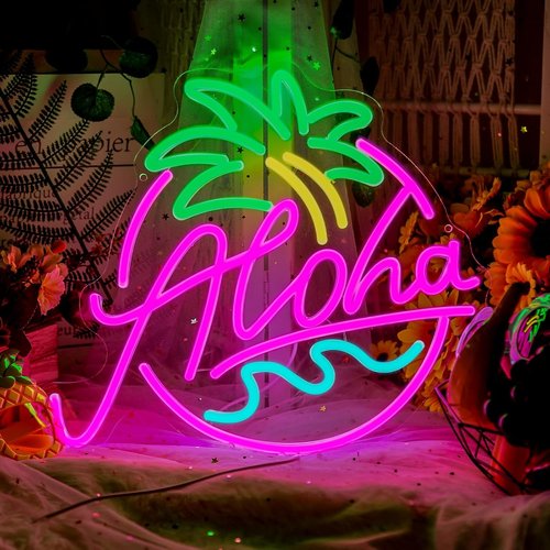 Aloha Neon Sign - Tropical Beach Party Decor | LED Light Up Aloha Wave in Pink, Blue & Green