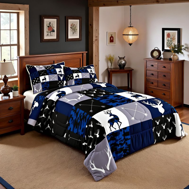Manfei Camo Deer Antlers Comforter Set Full Size,Geometric Plaid Patchwork Bedding 3pcs for Kids Teens Girls Boys Room Xmas Cabin Quilt Set,Blue Grey Rustic Farmhouse Duvet Insert,2 Pillowcases