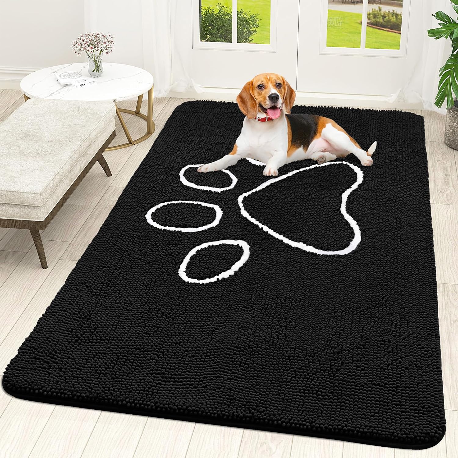 OLANLY Dog Door Mat - Absorbent Non-Slip Muddy Paws Design | 70x46 Black Chenille Carpet