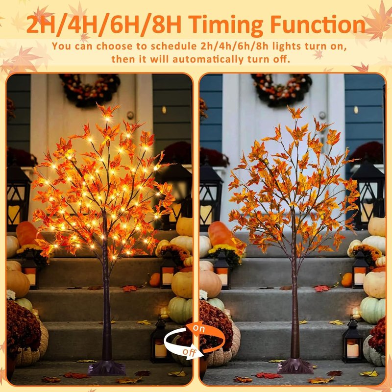 7FT 170LED Fall Maple Tree Light - Thanksgiving Decor Artificial Tree with 17 Acorn, Remote 8 Flashing Modes, Timing, DC 5V Safe for Wedding Party Outdoor Decor (Upgraded Silk-Screened Leaves)