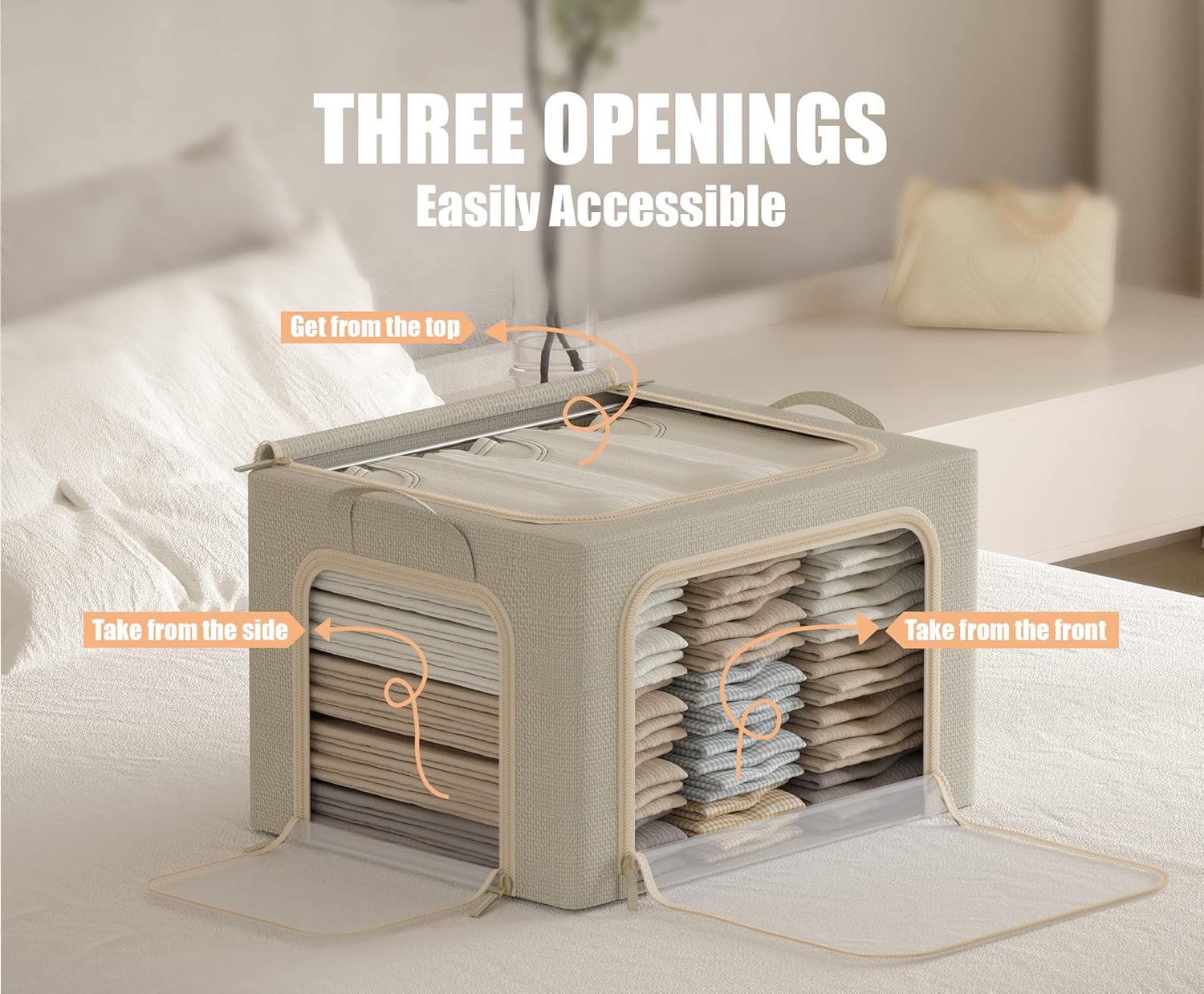 Skiennix Foldable Clothes Storage Bins - 3 Openings with Metal Frame, Lid & Clear Window | 40L, Beige