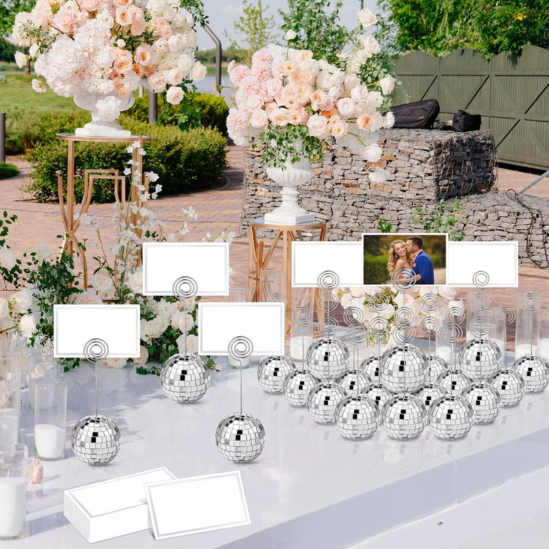 Uiifan 60 Pcs 2 Inch Disco Ball Card Holder Picture Photo Table Number Name Card Silver Place Holders Stands Disco Ball Stands with Swirl Wire for Display Menu Wedding Party Birthday