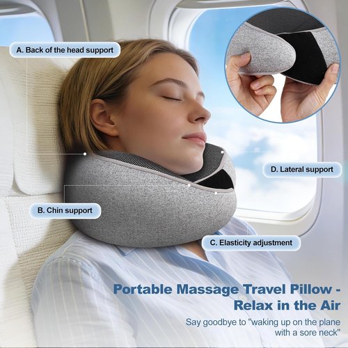Memory Foam Travel Neck Pillow - Ergonomic 360° Head Support | Includes Eye Mask & Ear Plugs | Portable Gray Pillow for Flights & Cars