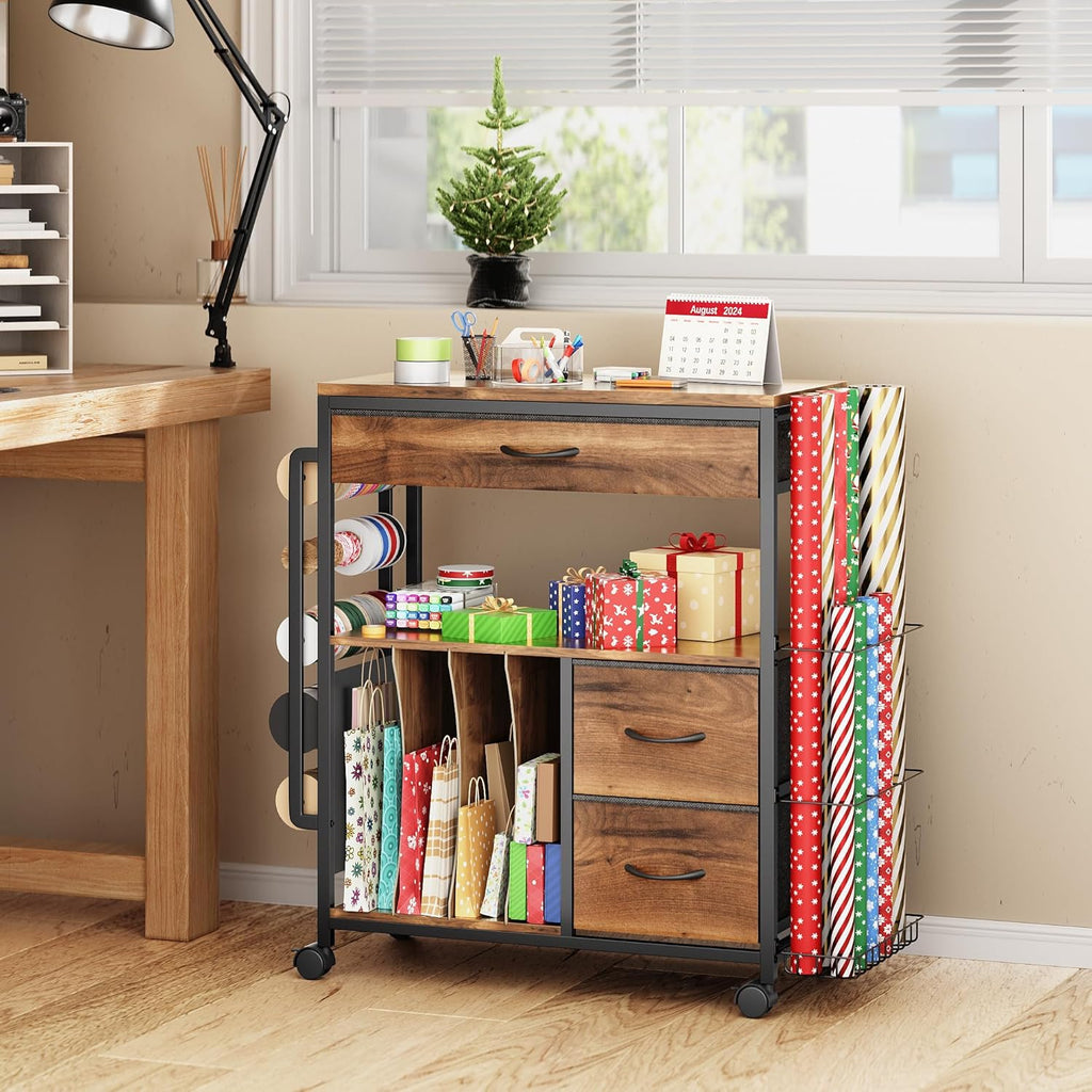 PUNLUXU Wrapping Paper Storage Cart - Rolling Gift Wrap Organizer with Ribbon & Gift Bag Holder | Perfect for Crafts & Christmas