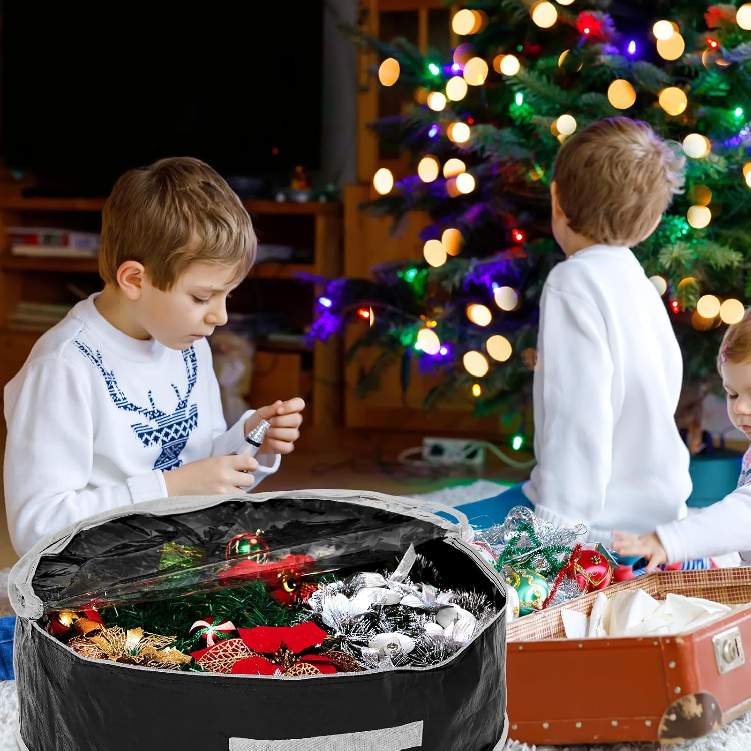 Regine Switzerland Christmas Wreath Storage Bag - 4 Pcs with Clear Window, Zipper & Handle | 36" Black Container
