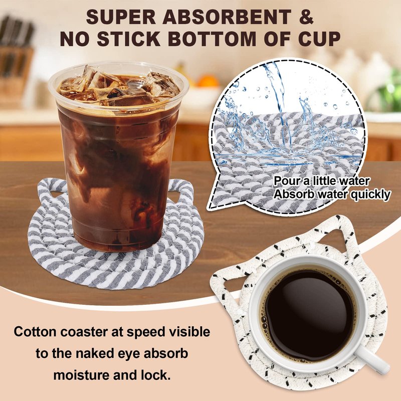 Whaline Cat Ears Coaster Set Cat Ear Shape Handmade Braided Cotton Coasters White Grey Non-Slip Absorbent Drink Coaster with Holder for Winter Christmas Birthday Housewarming Gifts Home Decor, 4Pcs