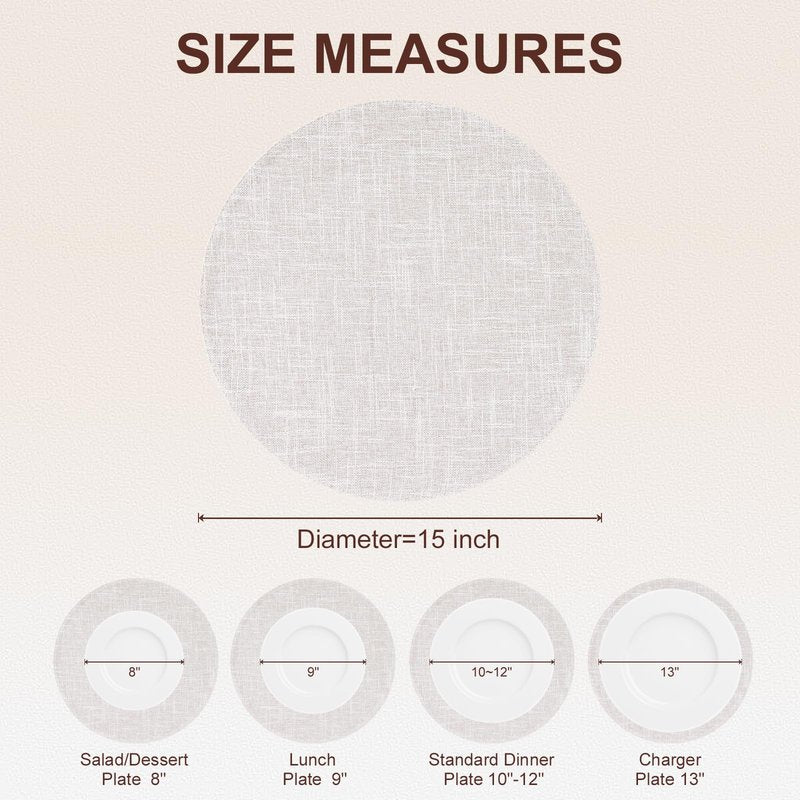 homing 15 Inch Round Cloth Placemats Set of 6, Cotton Linen Blend Washable Table Mats, Farmhouse Dining Place Mats for Indoors & Outdoors, Easy to Clean, Beige