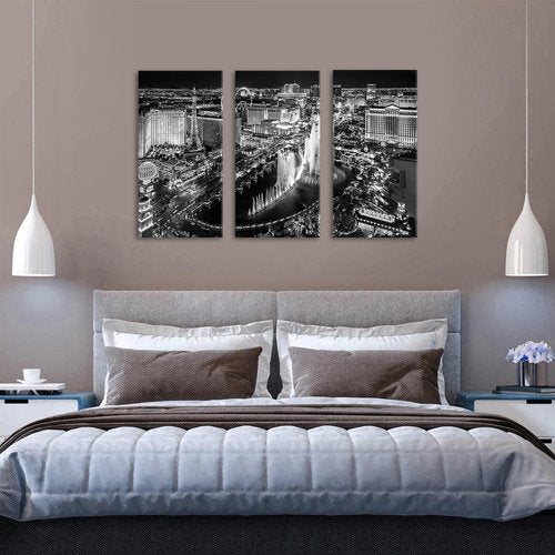 Las Vegas Skyline Wall Art - Black and White Cityscape Canvas Prints | 16x32 Inches, 3-Piece Set for Office & Home Decor
