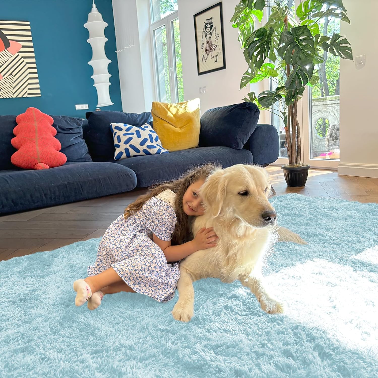 OLANLY Large Area Rug - Soft Fluffy Shaggy Carpet for Living Room & Bedroom | 5x8 Light Blue