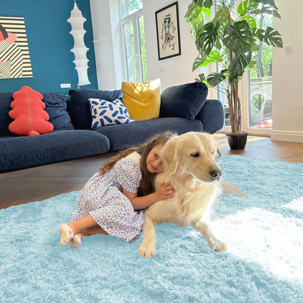 OLANLY Large Area Rug - Soft Fluffy Shaggy Indoor Carpet for Living Room & Bedroom | 8x10 Light Blue