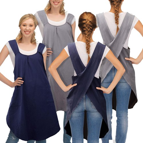 JaGely 2 Pack Japanese Linen Cross Back Aprons Kitchen Cooking Aprons for Women Men with 2 Pockets Cute Gardening Apron Dress for Cooking, Baking, Cleaning and Painting (Navy, Grey)