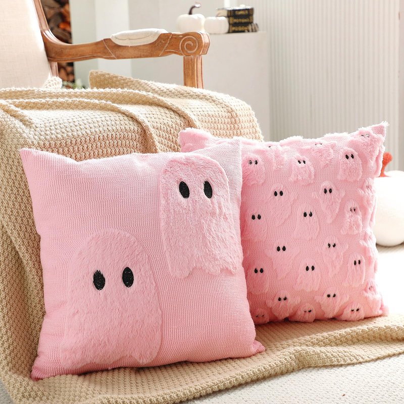 FuWeave 2 Pcs Pink Ghost Halloween Throw Pillows Cover 18 x 18 Cute Ghost Throw Pillowcase Embroidery Plush Furry Spooky Decorative Cushion Cover Pastel Pink Halloween Decoration for Home Sofa Bedroom