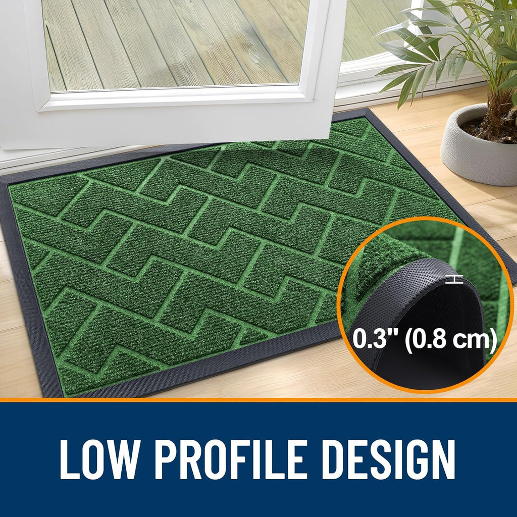 OLANLY Indoor Outdoor Front Door Mat - Waterproof All-Season Herringbone Design | Easy Clean, Green (29.5x17)