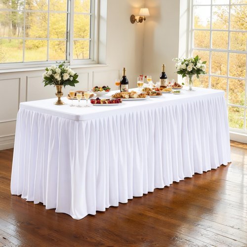 PARTISKY 1 Pack White Tablecloths for Rectangle Tables 4ft, Wrinkle Resistant White Table Cover Fitted Stretch Table Cloth with Pleated Ruffle Skirts for Party Banquet Dining Birthday Wedding