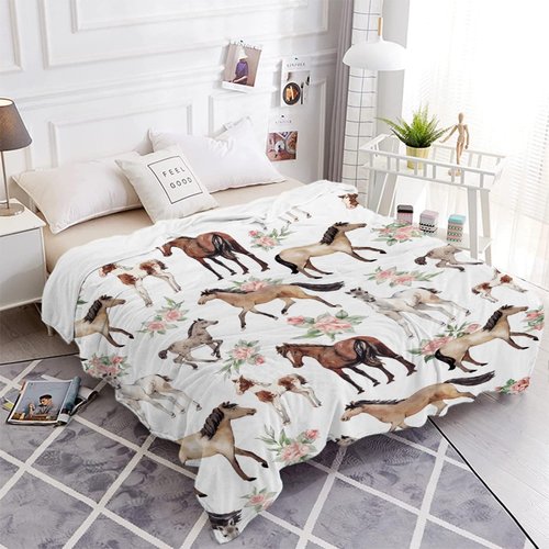 AUSMART Horse Rose Throw Blanket for Women Men Flowers Blanket Gifts for Adults Cute Horses Lightweight Blanket 60X80 Inches for Bed All Season