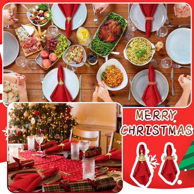 Sliner 24 Pcs Christmas Napkins and Ring Set 12 Pcs Red Washable Christmas Napkins Cloth and 12 Pcs Xmas Napkin Rings Holder for Holiday Dinner Party(Metal,Letter, Christmas tree)
