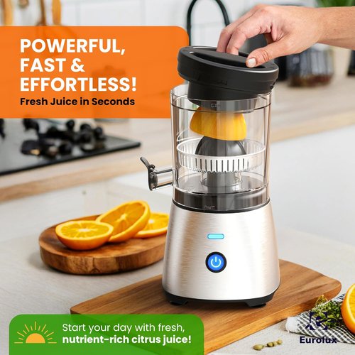 Eurolux Electric Citrus Juicer - Premium Stainless Steel One-Touch Squeezer for Oranges, Lemons & Limes | Quiet & Easy to Clean Kitchen Appliance