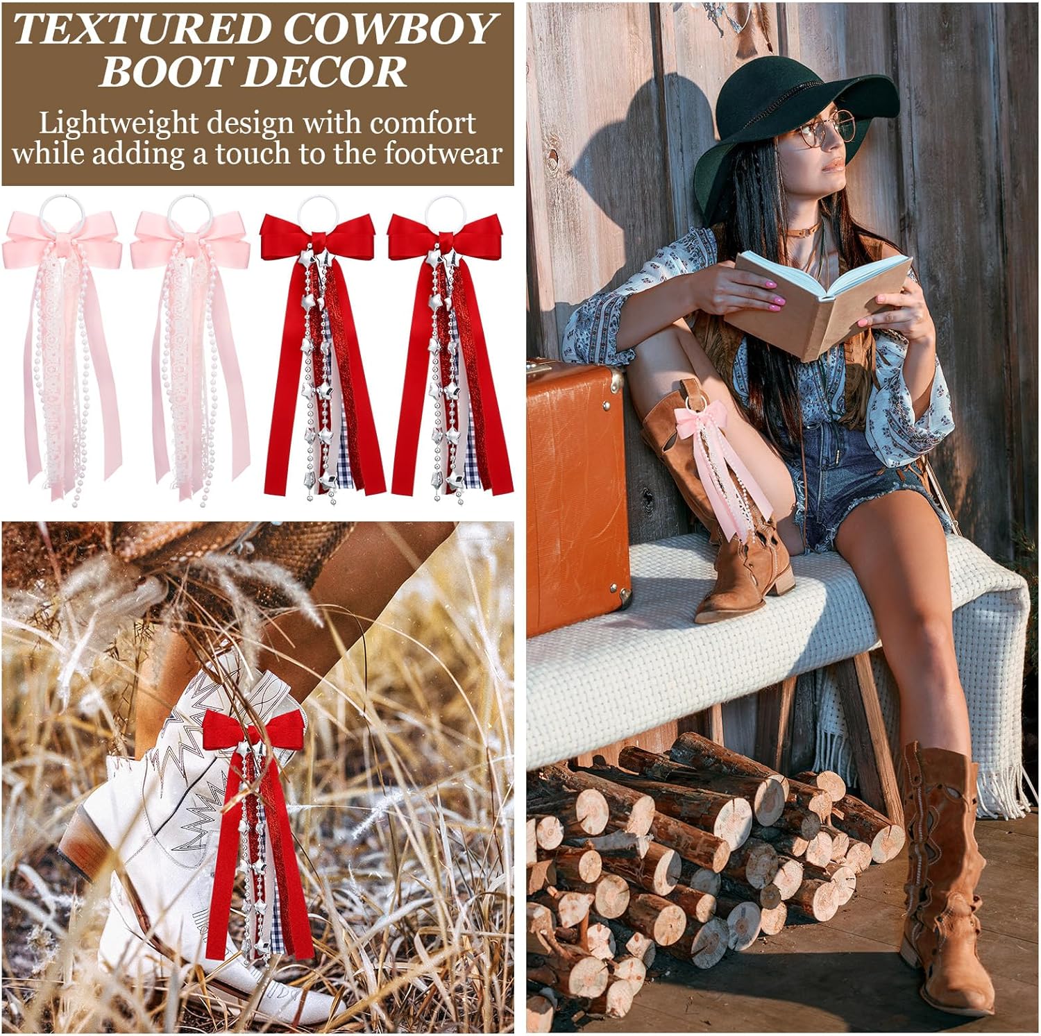 Norme Western Ribbon Boot Bows - 4 Pcs Buffalo Plaid with Glitter Pearl Lace | DIY Shoe Accessories