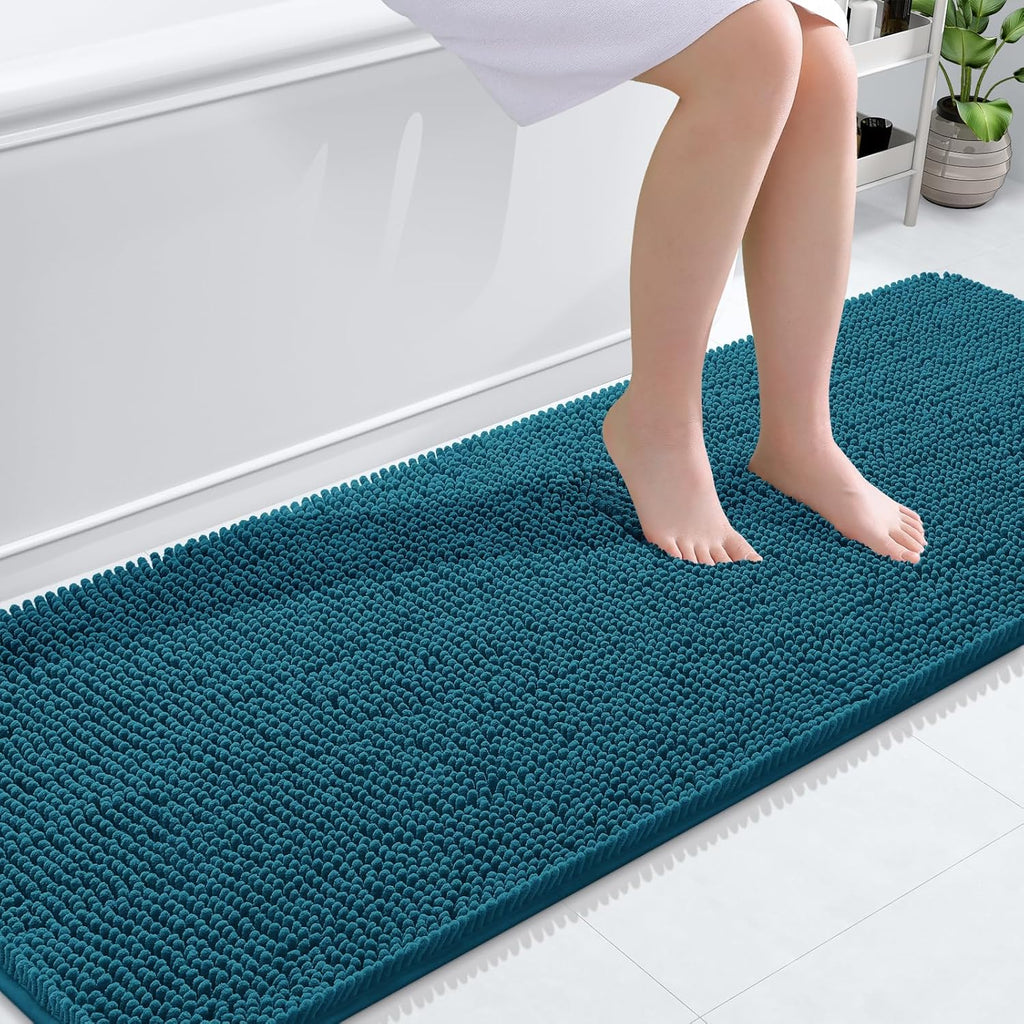 OLANLY Bathroom Runner Rugs - Soft Absorbent Chenille Mats with Rubber Backing | 70x24, Peacock Blue
