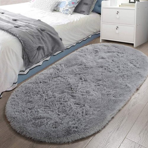 LOCHAS Gray Fluffy Shaggy Area Rug - Soft Oval Bedroom Throw Rug 2.6' x 5.3' for Kids & Nursery Decor
