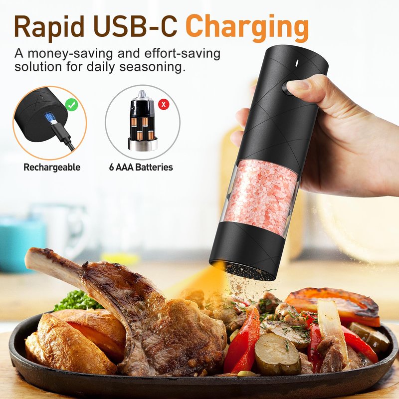Electric Salt and Pepper Grinder Set, Rechargeable Automatic Pepper Mill Grinder with LED the Gifts for Women, Adjustable Coarseness shakers, One-Hand Operation for Kitchen Appliances Christmas Gifts