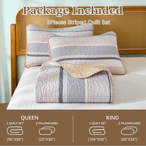 Dintszyayue Quilt Queen Size Khaki Grey, 3 Pieces Boho Striped Bedspread Bedding for Queen Size Bed, Soft Lightweight Microfiber Bohemian Coverlet Set for All Season Quilts with 2 Pillowcases