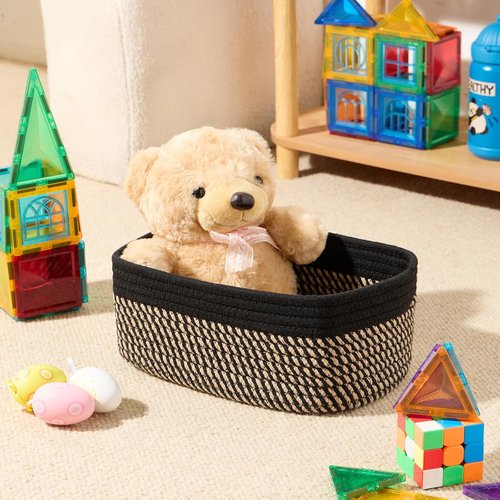 MiniArk Small Storage Baskets - Organizing Closet Bins | Woven Rope Toy Baskets | 3-Pack Black Brown | 11.5x7.5x4.7”
