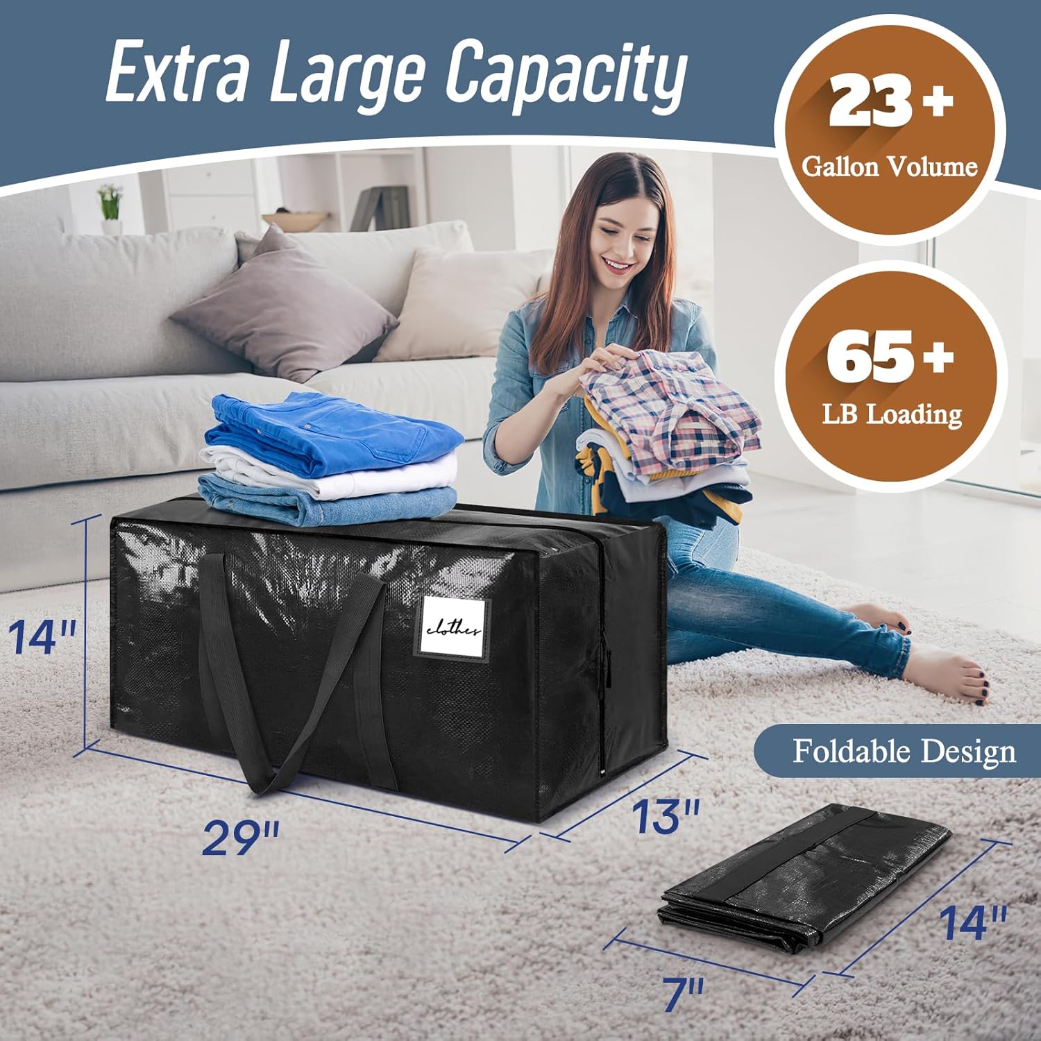 Skiennix Extra Heavy Duty Moving Bags - 6 Pack with Strong Zipper & Comfortable Handles | Durable Black Storage Totes