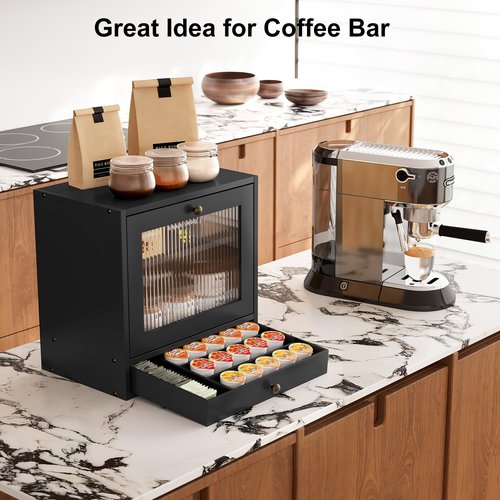 Alpeir Wooden Bread Box for Kitchen Countertop, Large Capacity with Ventilation Holes Adjustable Tiered-Shelf, Vintage Farmhouse Breadbox with Drawer & Window, Longer Freshness, Black