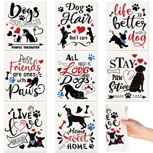 Funtery 8 Pcs Dog Swedish Kitchen Dishcloths Reusable Swedish Absorbent Sponge Cloths Washable Kitchen Dish Towel Quick Drying Decorative for Animal Lover Gifts for Women Hand Towel