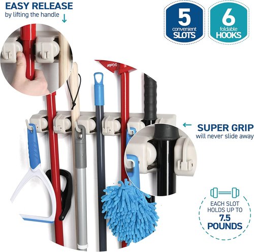 HOME IT Mop And Broom Holder Wall Mount - 5 Slots & 6 Hooks Garden Tool Organizer - Off-White