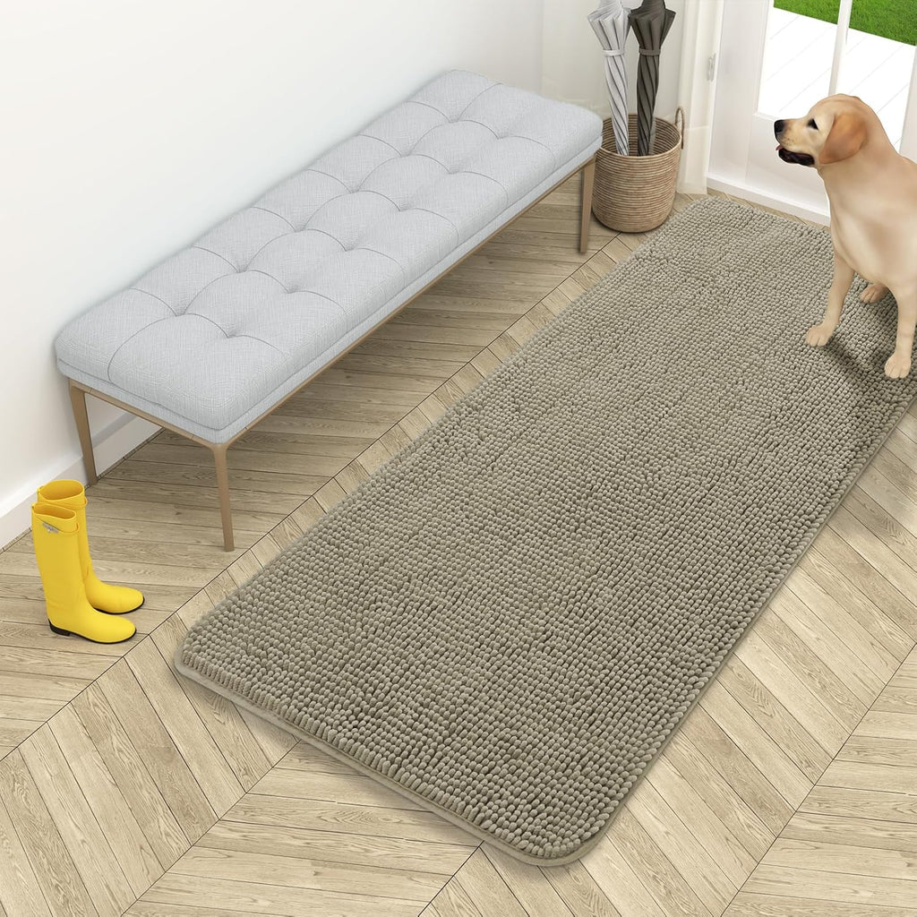 OLANLY Dog Door Mat - Absorbent Non-Slip Washable Chenille Mud Mat 54x24 | Quick Dry Indoor Entryway Carpet in Warm Taupe