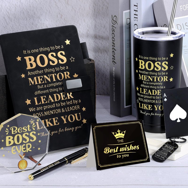 VAIPI Bosses Day Gifts for Men, World's Best Boss Ever Gifts Basket Set for Male, Thank You Appreciation Cool Boss Gift with 20 oz Tumbler Acrylic Trophy Notebook Ballpoint Pen Bottle Opener