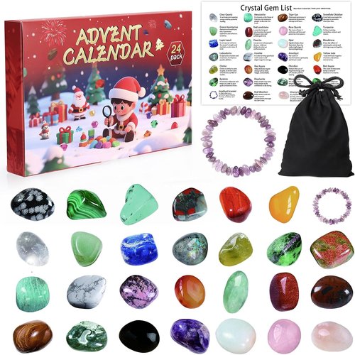 BABORUI Crystal Advent Calendar 2025 - Gemstone Countdown Box with 24 Unique Rocks for Kids & Families