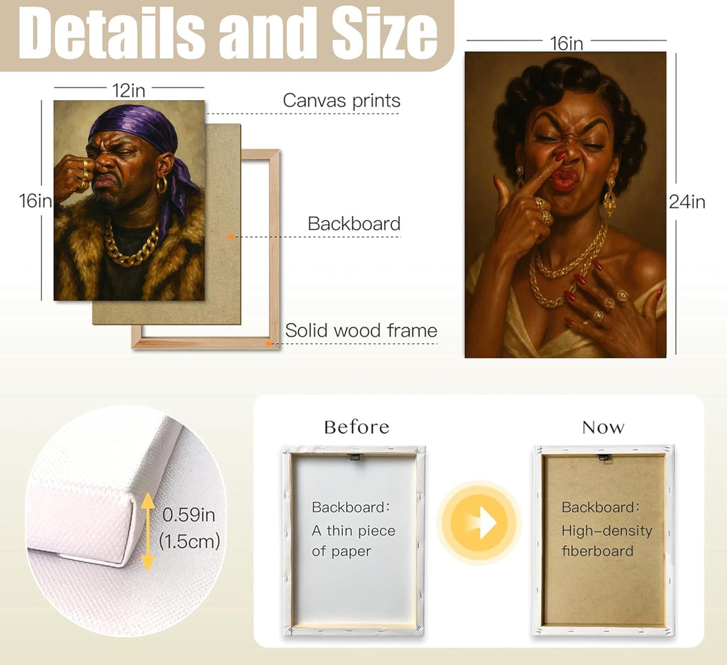 TEOVGKN Funny African American Bathroom Wall Art - Humorous Black Couple Canvas Prints | Framed 12x16 in