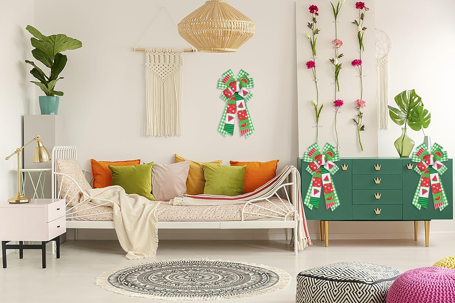 ABTOLS Large Summer Bows - Green White Buffalo Plaid & Watermelon Design for Front Door Decor