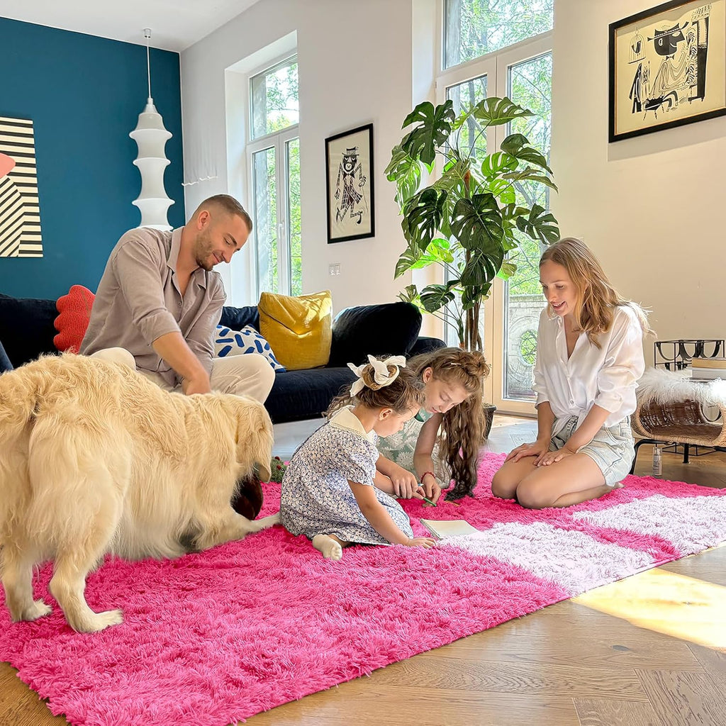 OLANLY Soft Fluffy Shaggy Bedside Rug - Machine Washable 3x5 Hot Pink Carpet for Kids & Nursery Decor