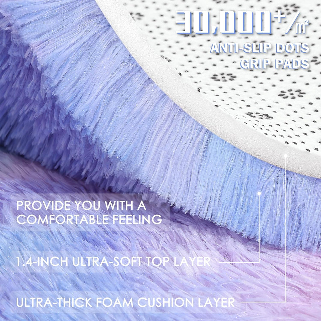 OLANLY Round Purple Rainbow Rug - Soft, Fluffy Shaggy Carpet for Bedroom | 4x4 Feet Machine Washable Area Rug