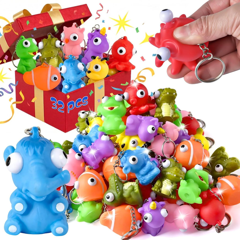 Squishy Toys | 32 Packs Popping Eyes Animal Keychains - Fun Fidget Party Favors for Kids