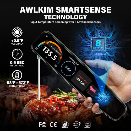 AWLKIM 0.5s Instant Read Smart Meat Thermometer Digital, 3.8″ HD Touchscreen with Temp-OS, Professional Kitchen Food Thermometer for Cooking, Grill, BBQ | ±0.5°F, −58–572°F, IP68, USB-C Rechargeable
