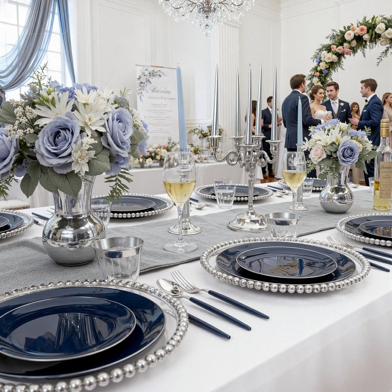 KIRE 175Pcs Blue Plastic Plates with Silver Rim & Disposable Silverware with Blue Handle & Silver-rim Cups & Hand Napkin & Plastic Dinnerware for Parties/Wedding/Graduation/Memorial Day