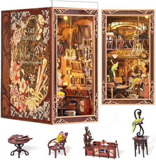 MiniCity Book Nook Kit - DIY Miniature Dollhouse Bookend Decor with LED Light | 3D Wooden Puzzle, Painter's Day at Dusk