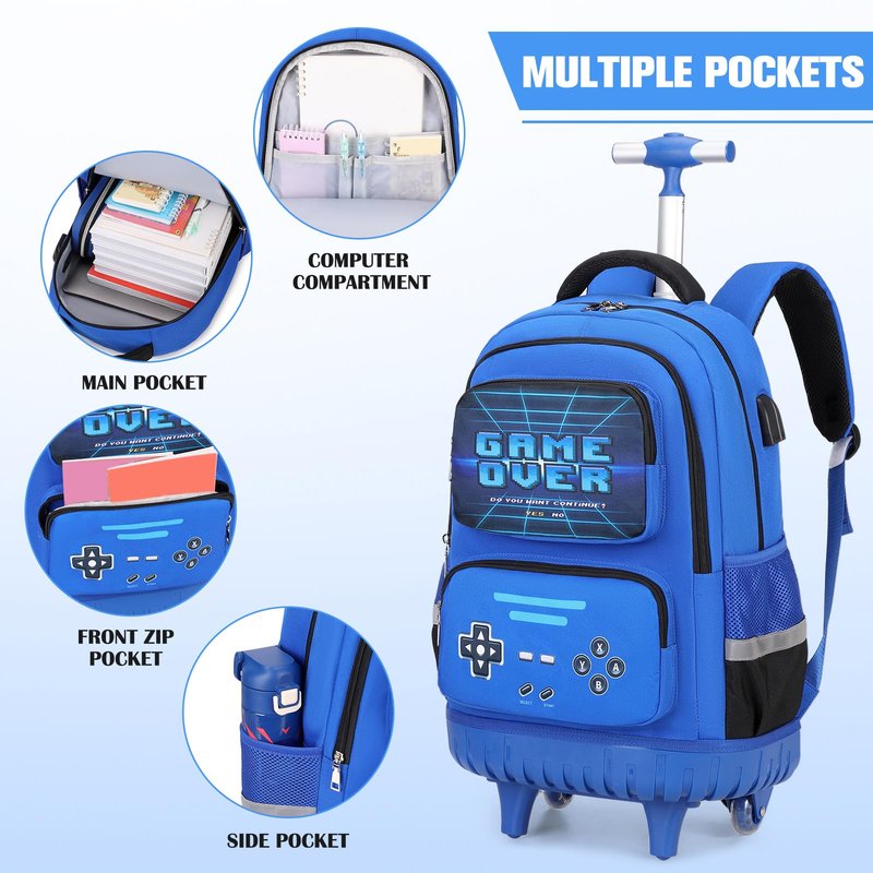 ACESAK Rolling Backpack for Boys - Roller Wheels School Bookbag with Lunch Bag & Pencil Pouch for Teen Boys Kids Wheeled Suitcase Backpacks, Elementary Middle School Travel Daypack (Blue)
