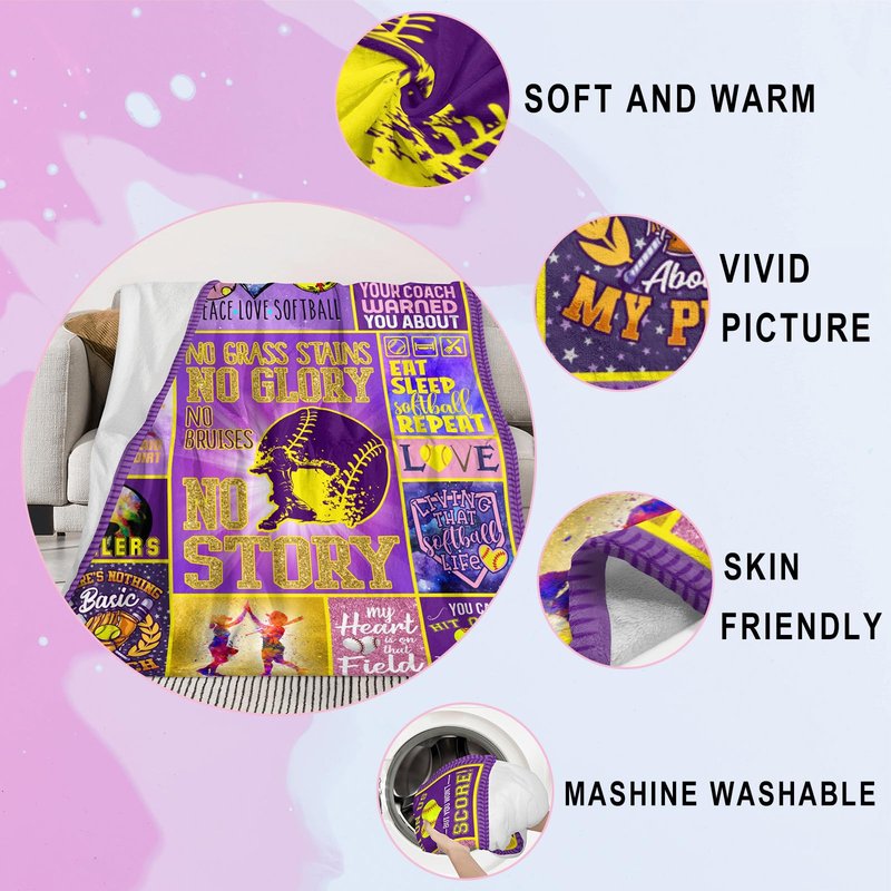 Softball Gifts for Girls, Softball Blanket, Best Girls Softballs Gifts, Softballs Blankets Gift for Girl, Soft Lightweight Soft-Ball Throw Blanket for All Seasons 50"x60"