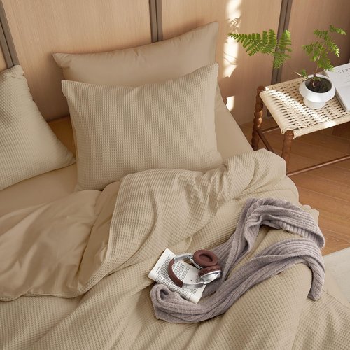 Wake In Cloud - Waffle Cotton Comforter Set, 100% Cotton Fabric Bedding, Waffle Weave Knit Textured Neutral Farmhouse Soft Lightweight, 3 Pieces, Tan, Queen Size