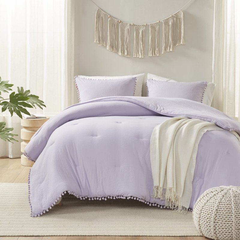 Codi Lavender Purple Boho Twin Comforter Set for Girls, Aesthetic Pom Fringe Design Cute Bedding, Soft Washed Microfiber Bed Sets, Lightweight Chic,1 Comforter & 1 Pillowcase