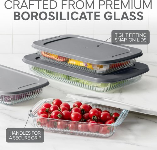 Cook With Color 8-Piece Deep Glass Baking Dish Set - Versatile Casserole & Food Storage Containers | Fluted Grey, Oven & Dishwasher Safe