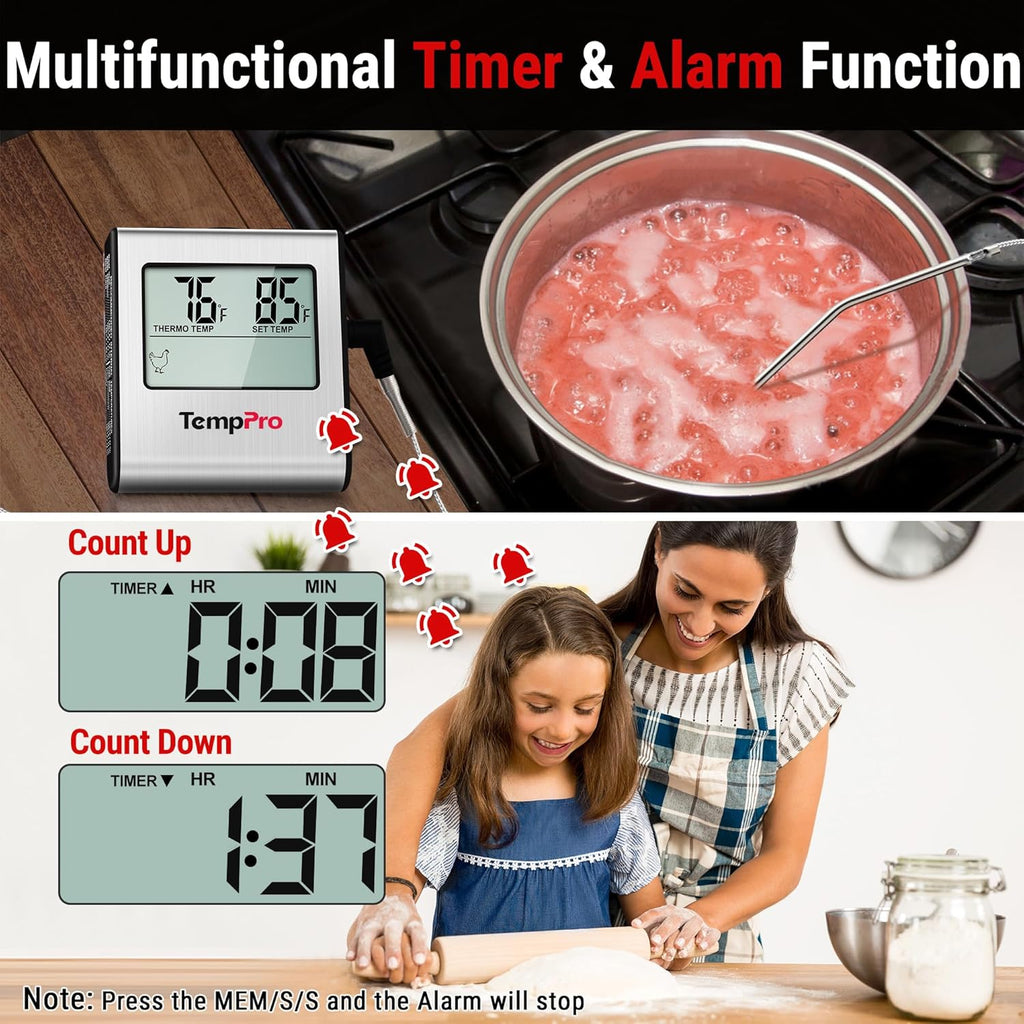 TempPro TP16 Large LCD Digital Meat Thermometer - Stainless Steel Probe for BBQ, Oven & Smoker
