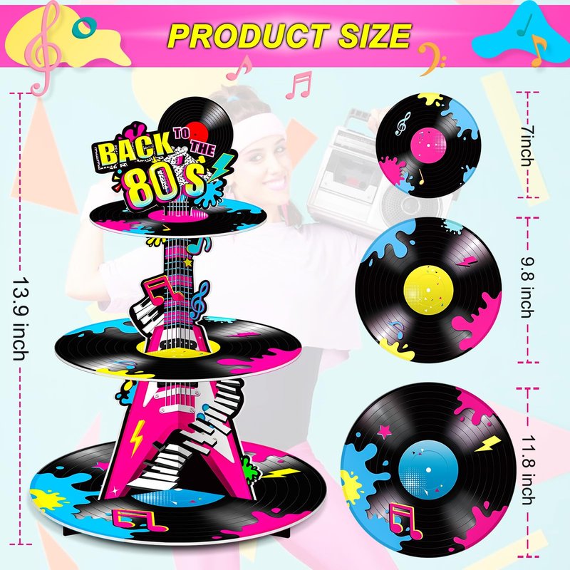 Ben Louis 3 Tier 80s Cupcake Stand Party Decorations Back to The 80's Theme Holder Retro 1980s Hip Hop Dessert Tower Birthday Cake for Neon Rock Hippie Supplies