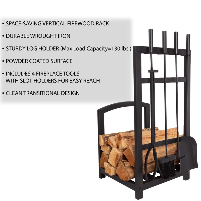 Lavish Home 5-Piece Fireplace Tool Set - Holds Wrought Iron Wood-Burning Tools - Includes Heavy-Duty Stand, Shovel, Broom, Tongs, and Poker (Black)